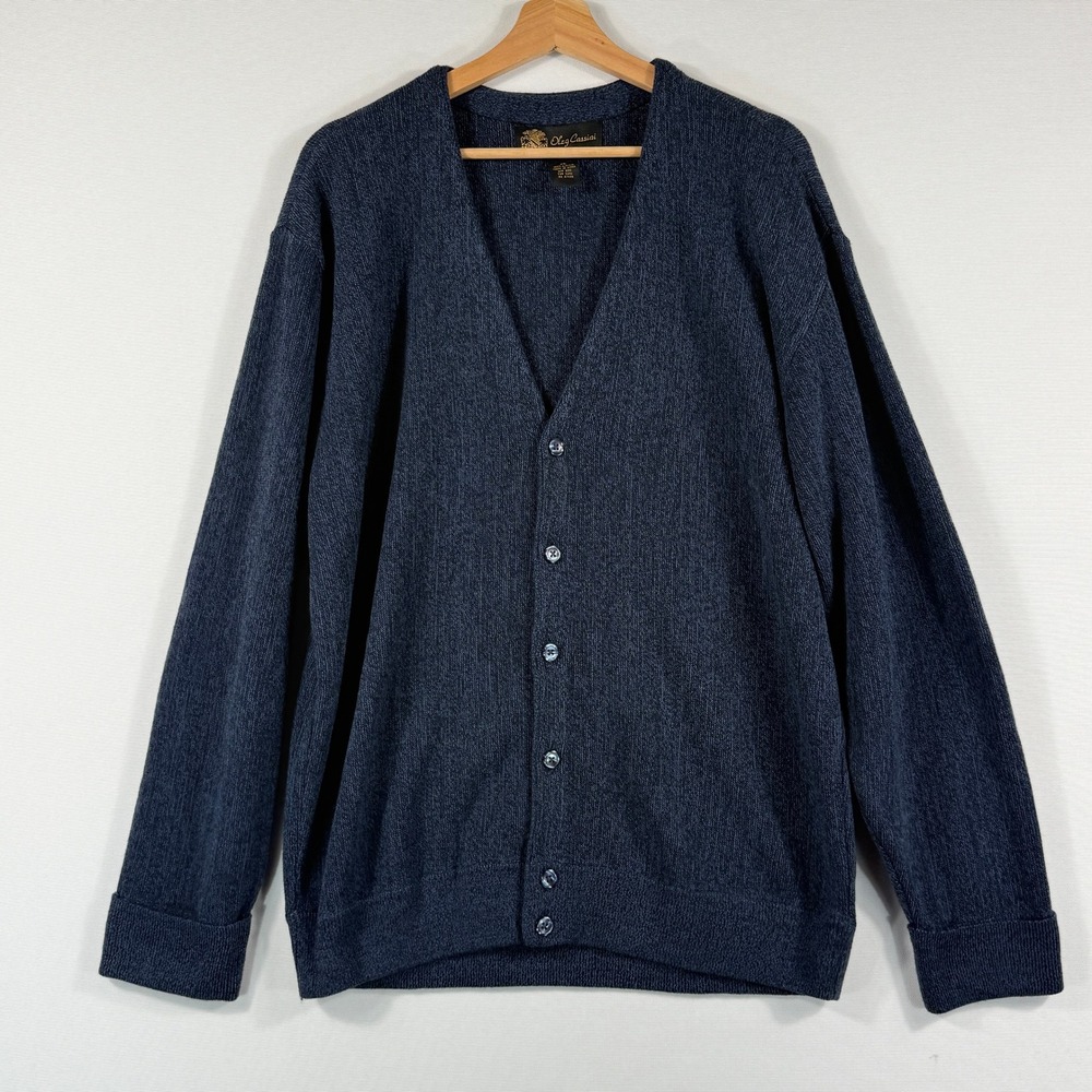 Oleg Cassini Cardigan Sweater Mens XL Blue Knit V-Neck Grandpacore Rustic Preppy